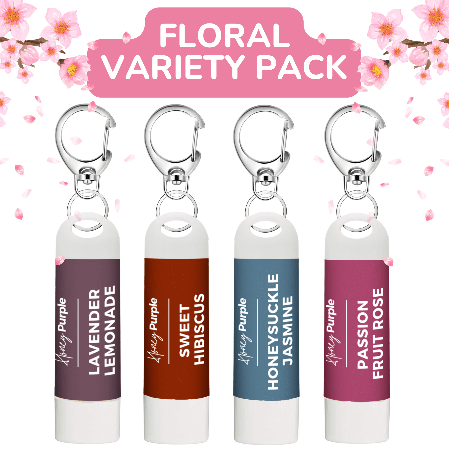 Floral Variety Pack | All Natural Lip Balm with Built-in Keychain Clip | 4 Pack - Honey Purple