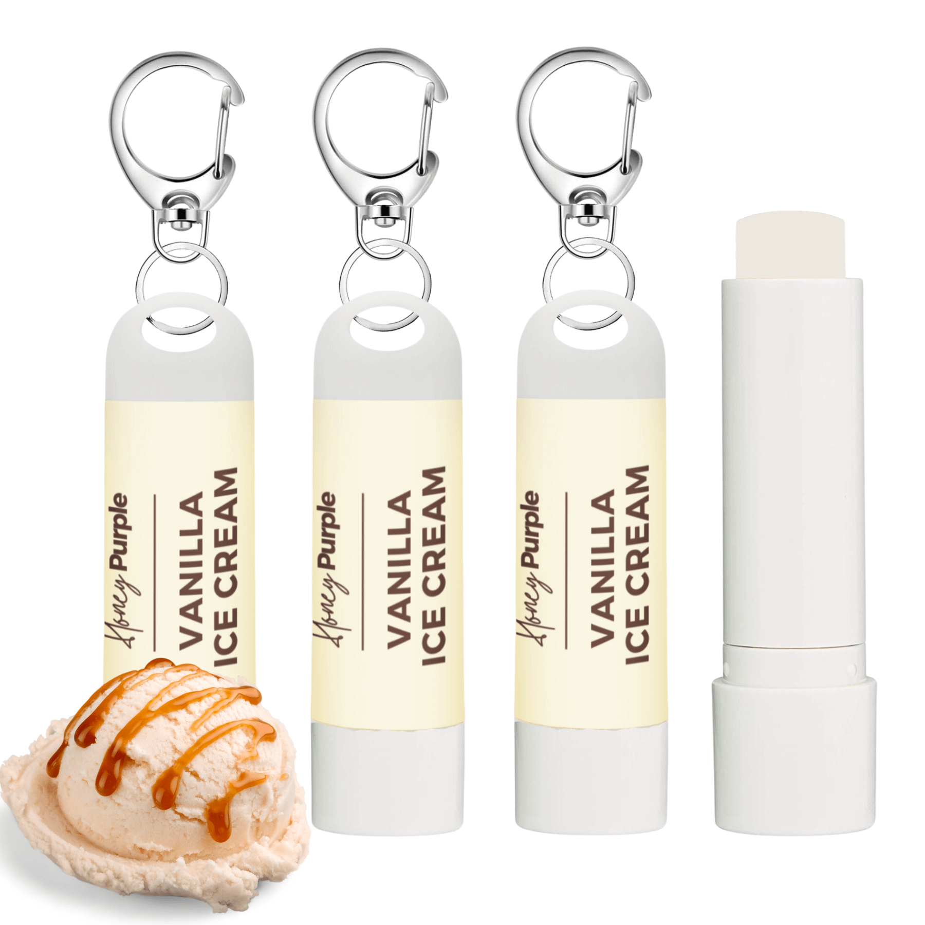 Vanilla Ice Cream | All Natural Lip Balm with Built-in Keychain Clip | 4 Pack - Honey Purple