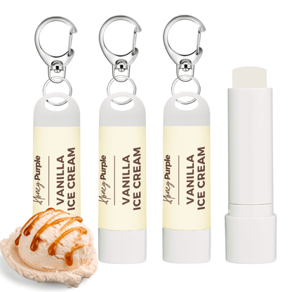 Vanilla Ice Cream | All Natural Lip Balm with Built-in Keychain Clip | 4 Pack - Honey Purple