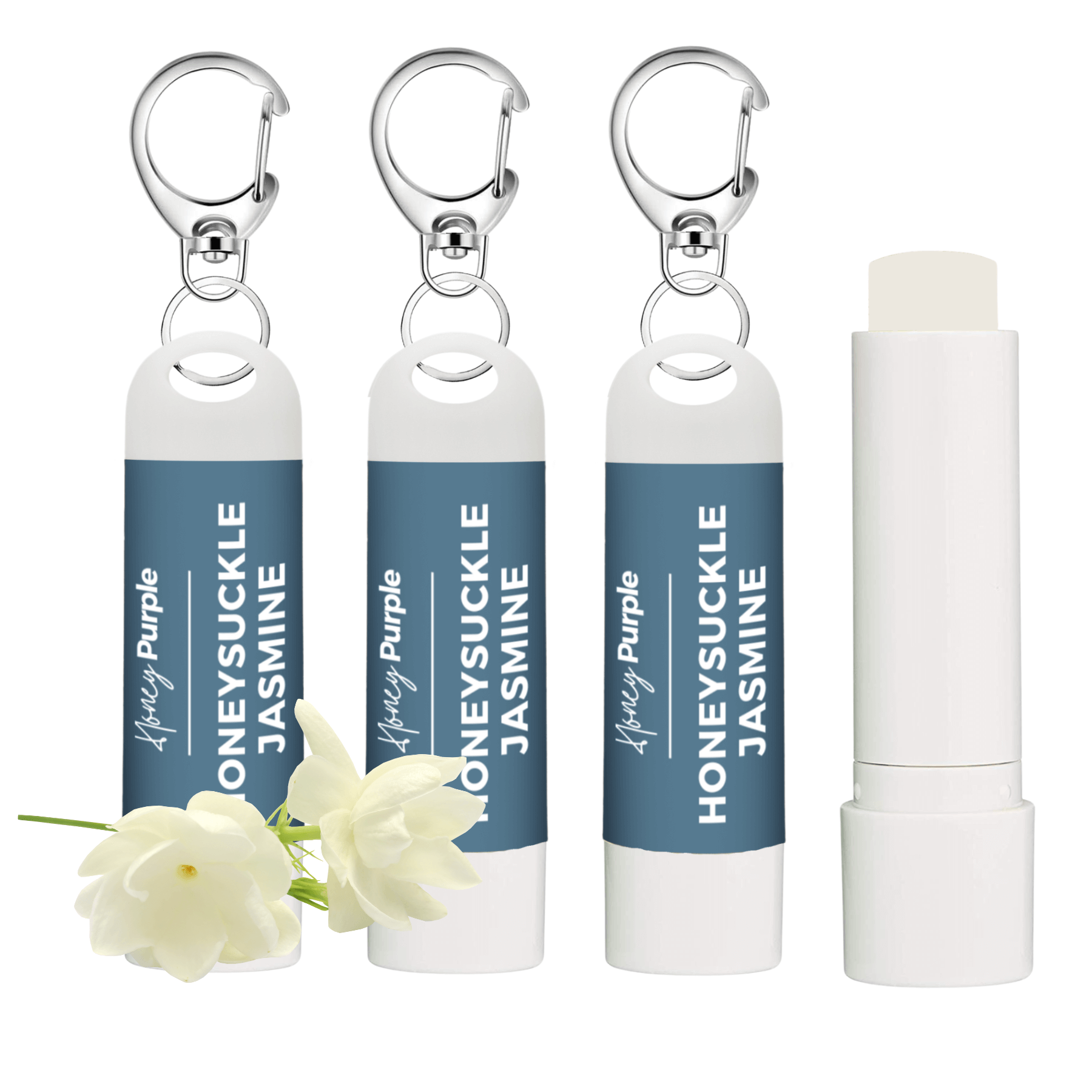 Honeysuckle Jasmine | All Natural Lip Balm with Built-in Keychain Clip | 4 Pack - Honey Purple