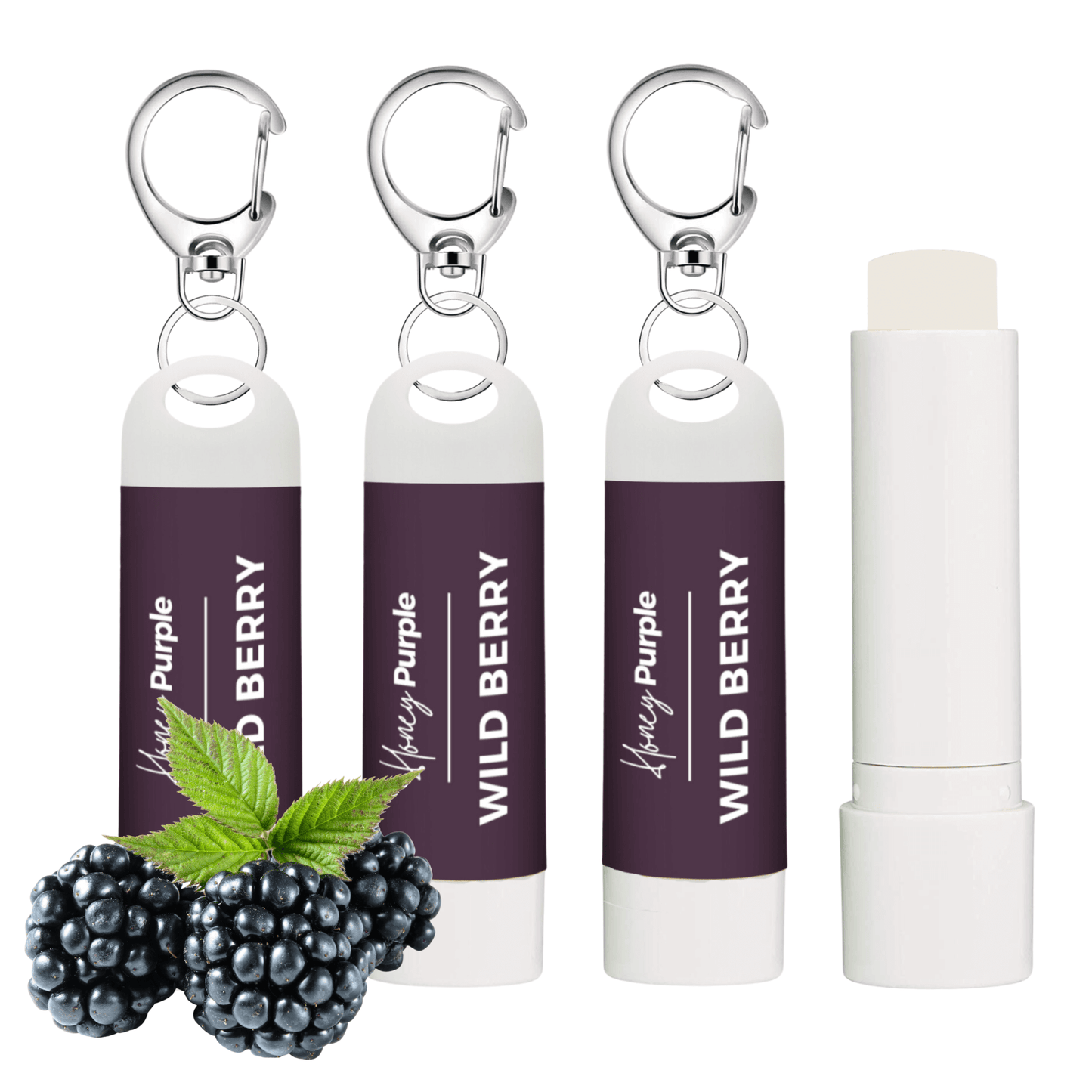 Wild Berry | All Natural Lip Balm with Built-in Keychain Clip | 4 Pack - Honey Purple