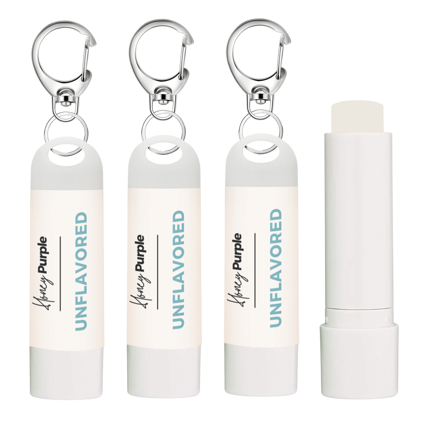 Unflavored | All Natural Lip Balm with Built-in Keychain Clip | 4 Pack - Honey Purple