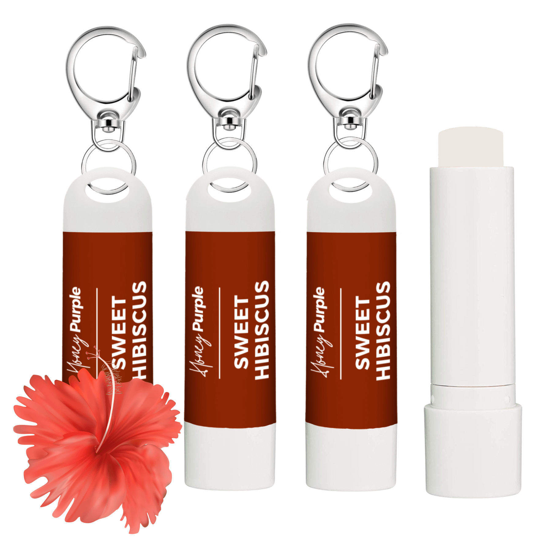 Sweet Hibiscus | All Natural Lip Balm with Built-in Keychain Clip | 4 Pack - Honey Purple