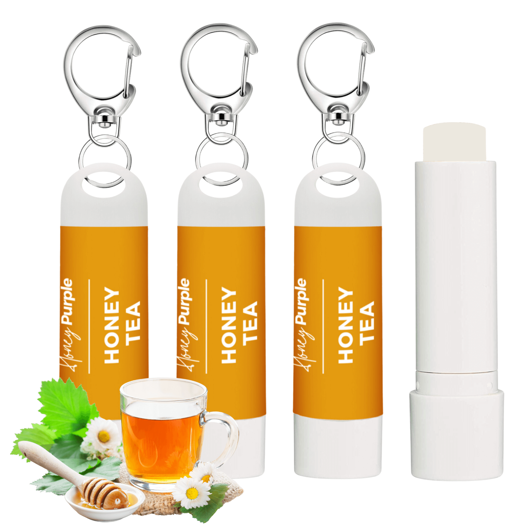 Honey Tea | All Natural Lip Balm with Built-in Keychain Clip | 4 Pack - Honey Purple