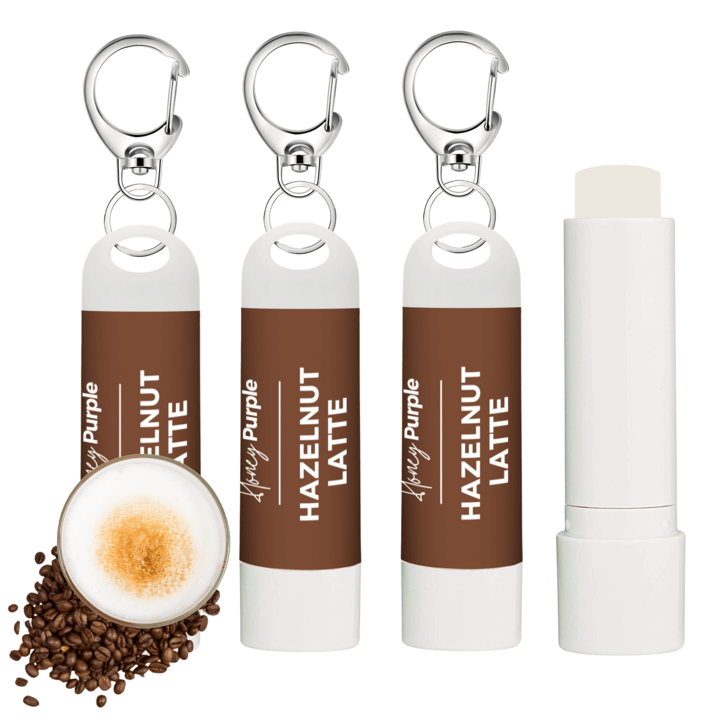 Hazelnut Latte | All Natural Lip Balm with Built-in Keychain Clip | 4 Pack - Honey Purple