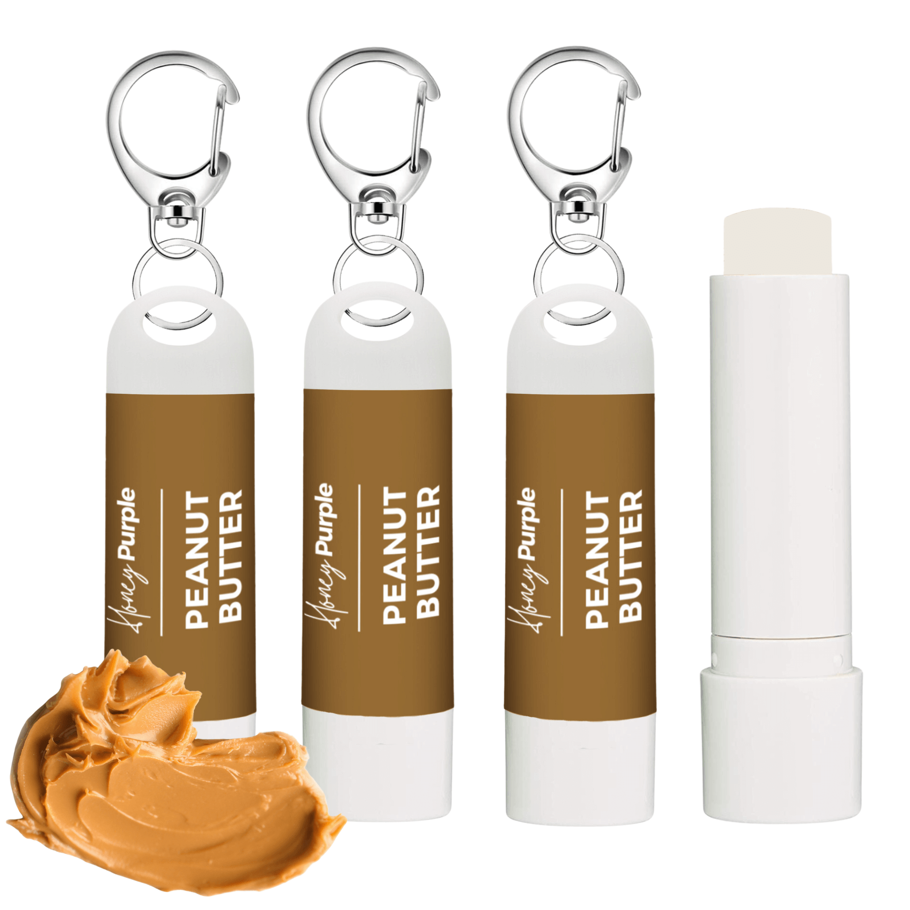 Peanut Butter | All Natural Lip Balm with Built-in Keychain Clip | 4 Pack - Honey Purple