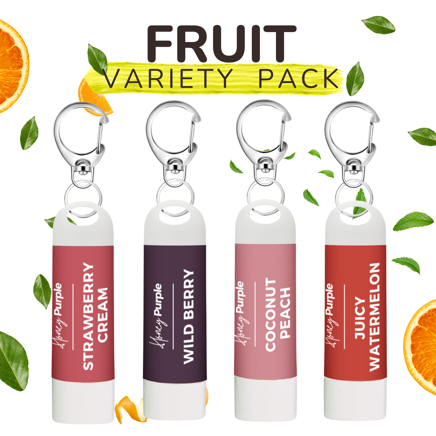 Fruit Variety Pack | All Natural Lip Balm with Built-in Keychain Clip | 4 Pack - Honey Purple