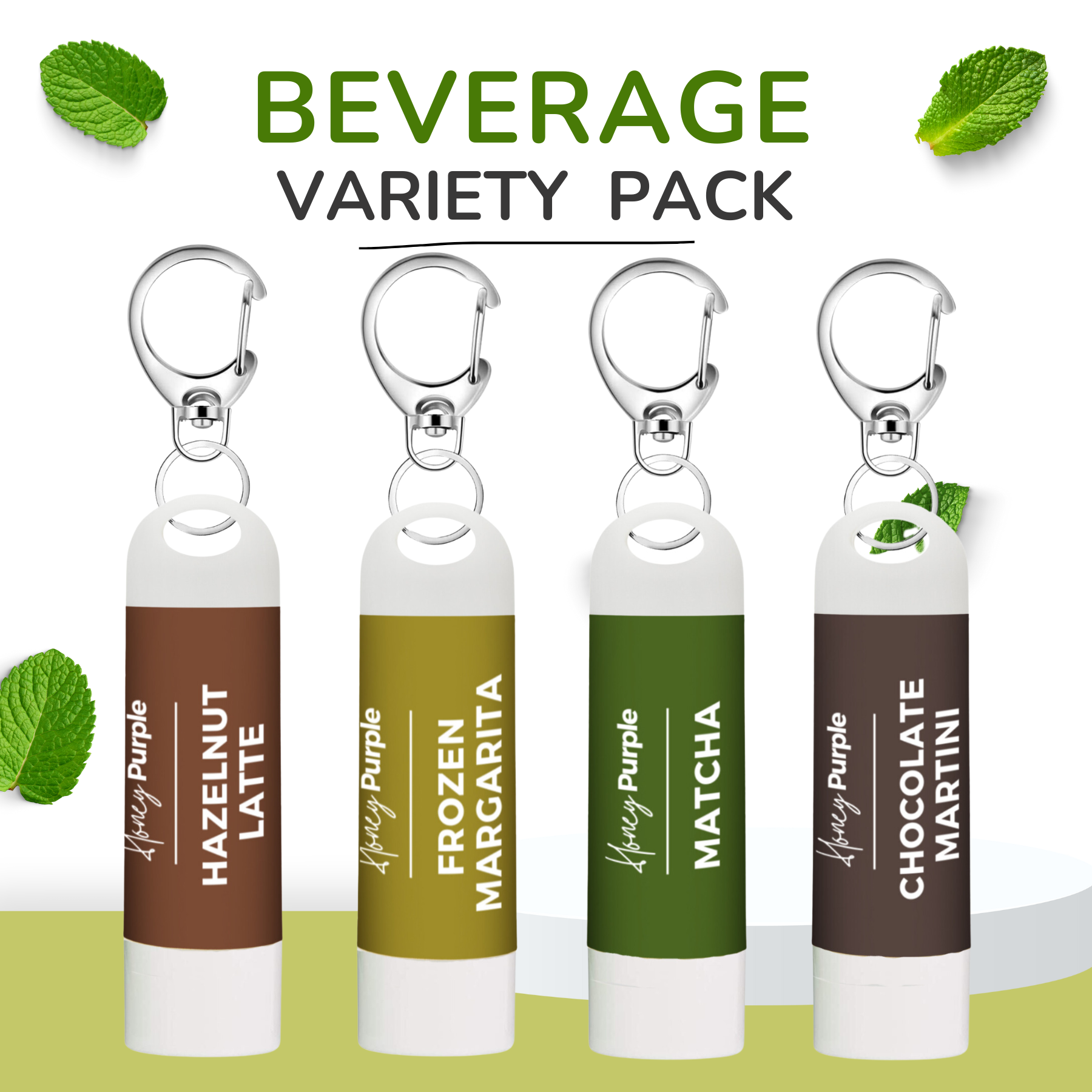 Beverage Variety Pack | All Natural Lip Balm with Built-in Keychain Clip | 4 Pack - Honey Purple