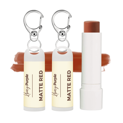 Matte Red | 97% Organic Lip Tint / Tinted Lip Balm with Keychain Clip | 2 Pack - Honey Purple