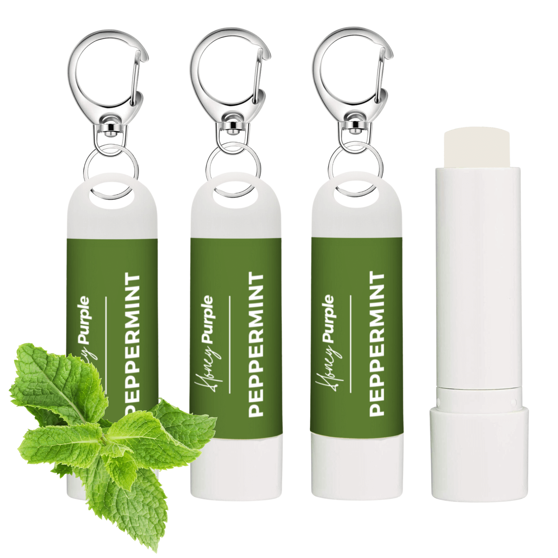 Peppermint | All Natural Lip Balm with Built-in Keychain Clip | 4 Pack - Honey Purple