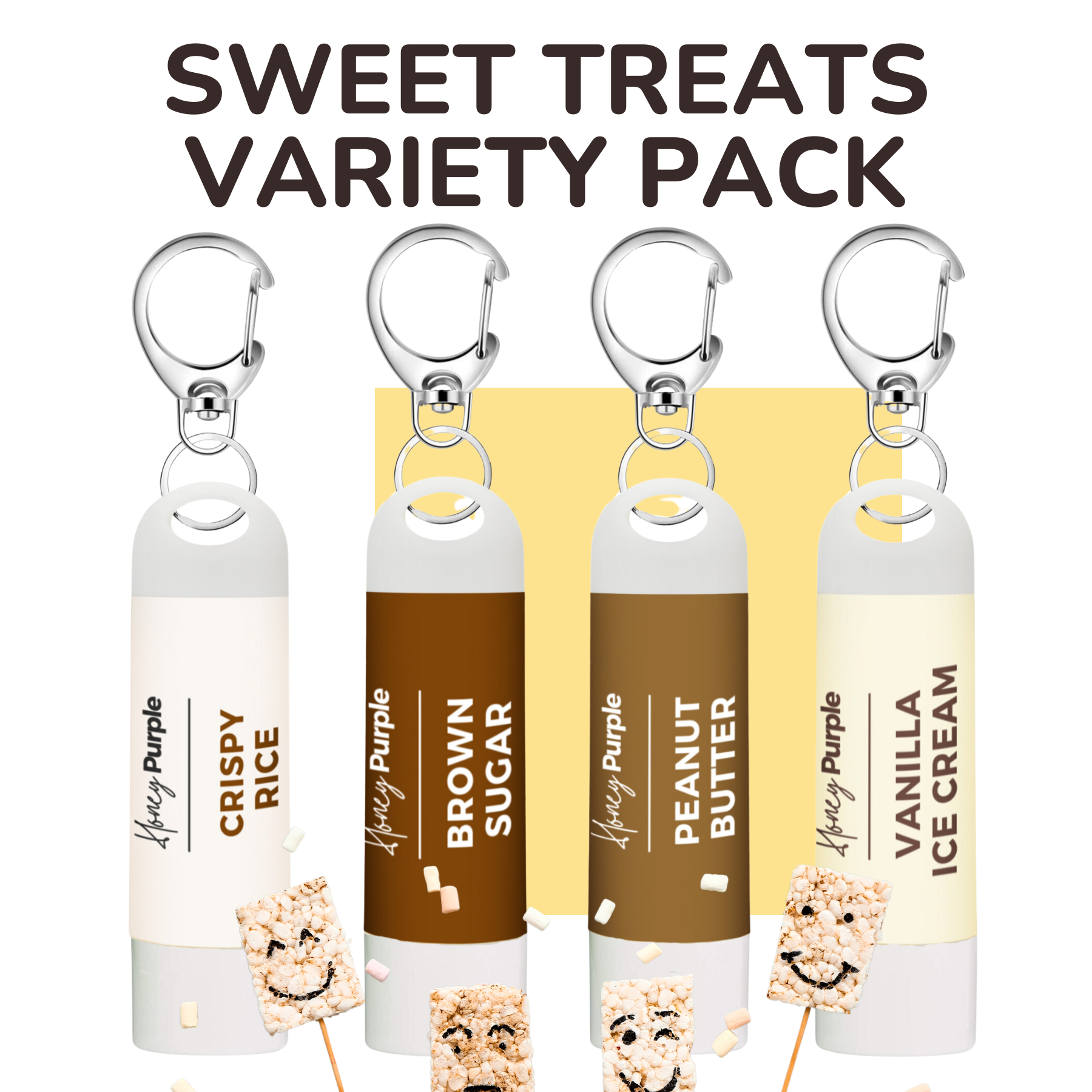 Sweet Treats Variety Pack | All Natural Lip Balm with Built-in Keychain Clip | 4 Pack - Honey Purple