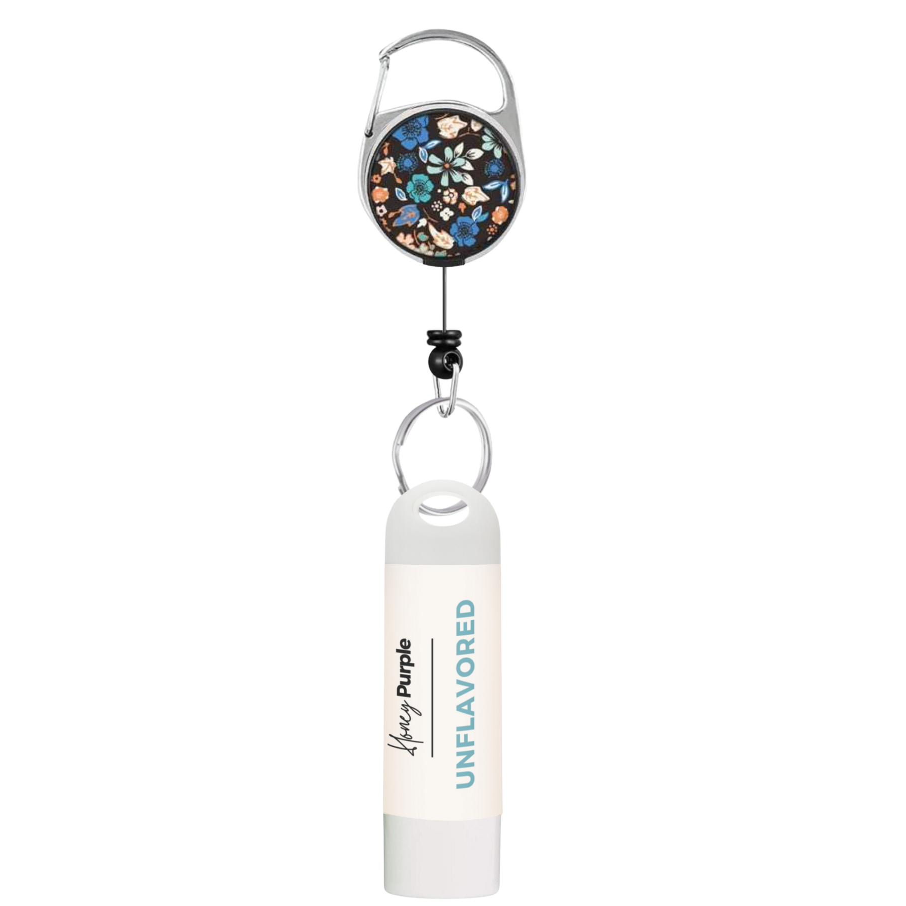 Clip-On Retractable Keychain For Lip Balm | Black Flower - Honey Purple