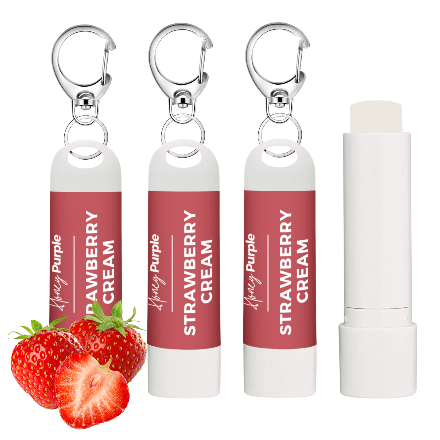 Strawberry Cream | 100% Natural Lip Balm with swivel snap hook | 4 Pack - Honey Purple