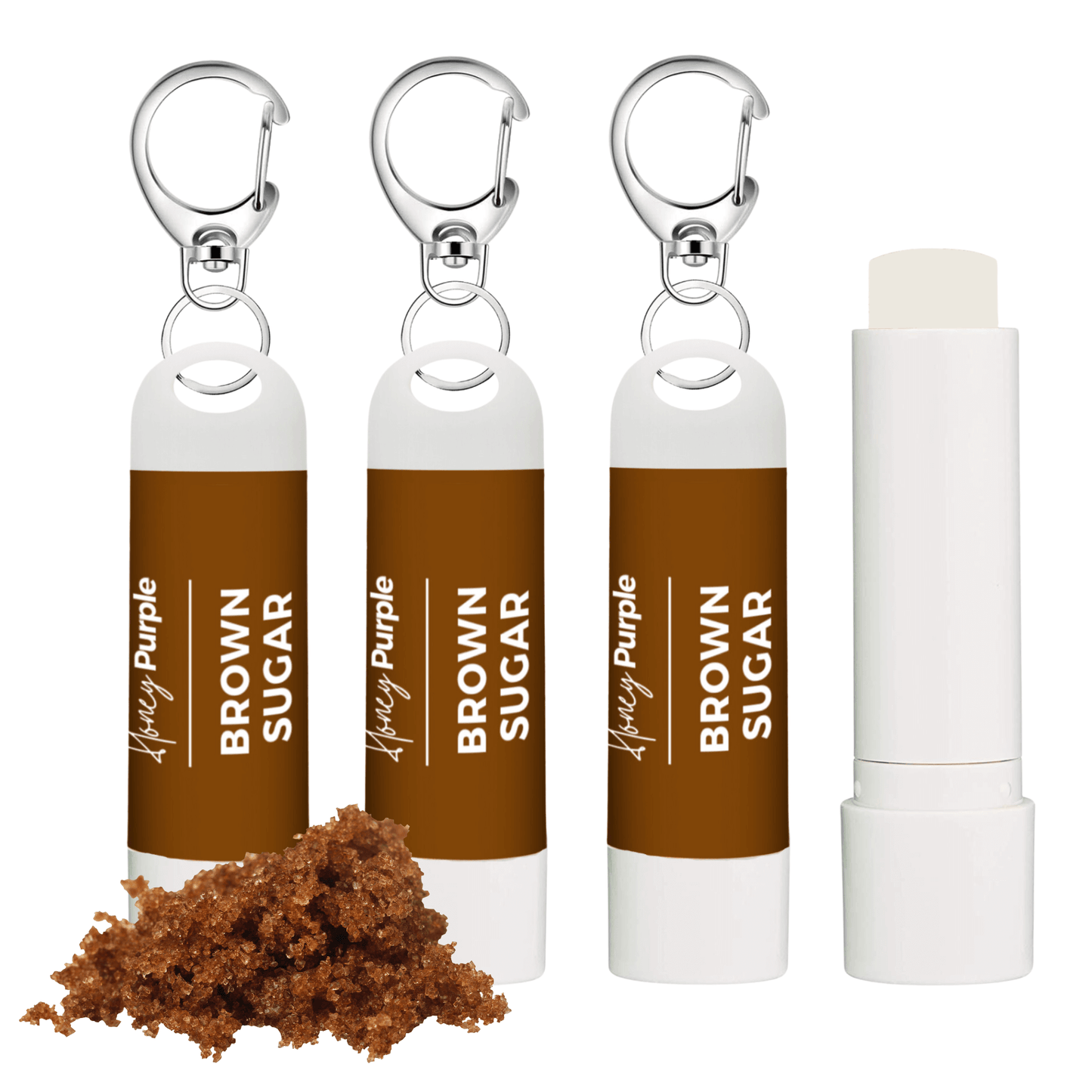 Brown Sugar | All Natural Lip Balm with Built-in Keychain Clip | 4 Pack - Honey Purple