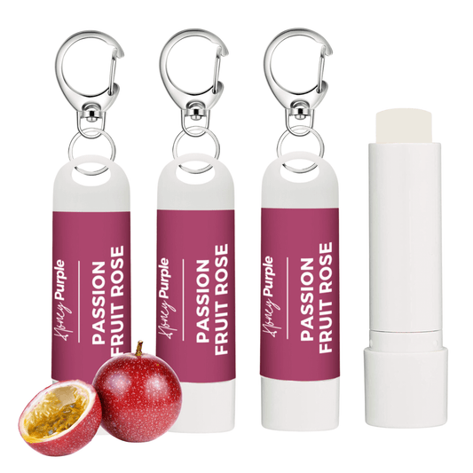 Passion Fruit Rose | All Natural Lip Balm with Built-in Keychain Clip | 4 Pack - Honey Purple