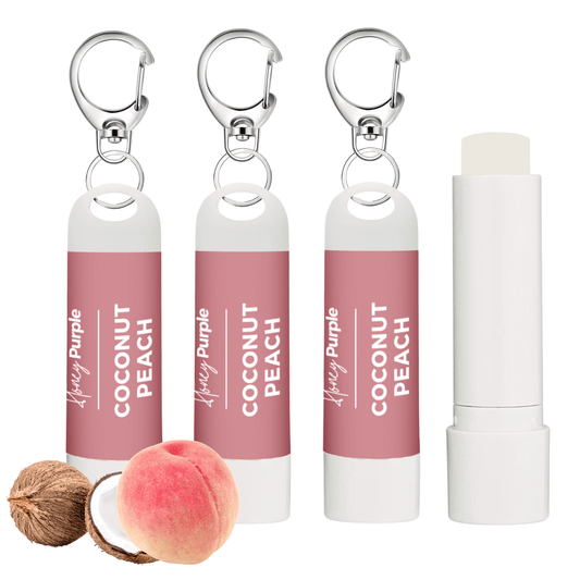 Coconut Peach | All Natural Lip Balm with Built-in Keychain Clip | 4 Pack - Honey Purple