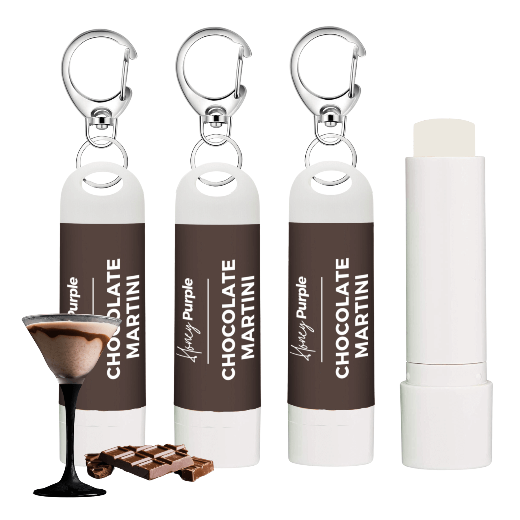 Chocolate Martini | All Natural Lip Balm with Built-in Keychain Clip | 4 Pack - Honey Purple