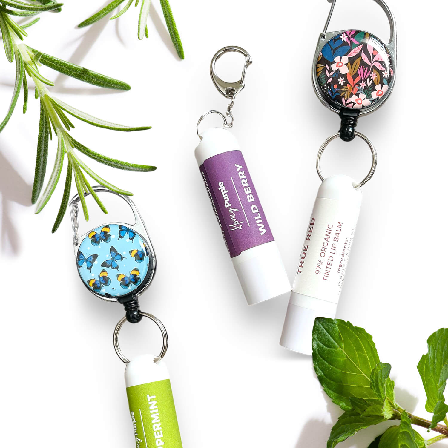 Unflavored | All Natural Lip Balm with Built-in Keychain Clip | 4 Pack - Honey Purple